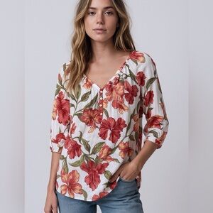 Chaps 100% Cotton White Floral Tropical Vacation Top Blouse